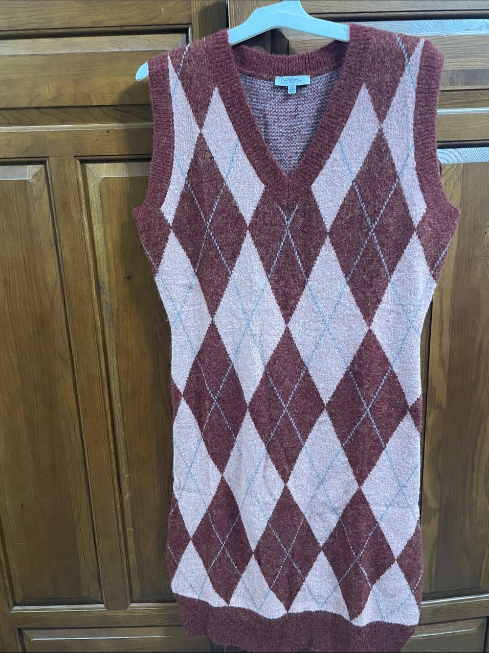 Polagram Mauve and Dusty Rose Argyle V-Neck Sweater Dress NWOT Sz.S w stretch